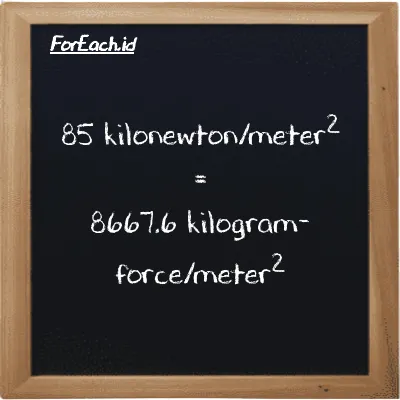 85 kilonewton/meter<sup>2</sup> is equivalent to 8667.6 kilogram-force/meter<sup>2</sup> (85 kN/m<sup>2</sup> is equivalent to 8667.6 kgf/m<sup>2</sup>)